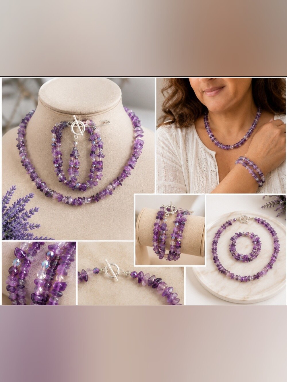 15" Amethyst Chip Stone Necklace & 7" Double-Strand Bracelet Set Purple Gemstone